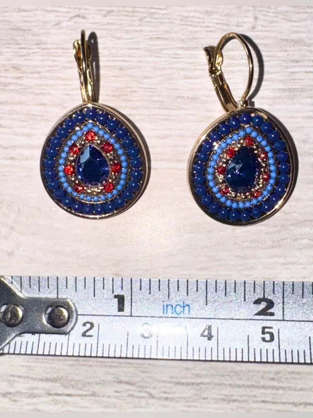 Beaded Gold-Tone Blue & Red Teardrop Crystal Drop Earrings - Picture 3 of 5